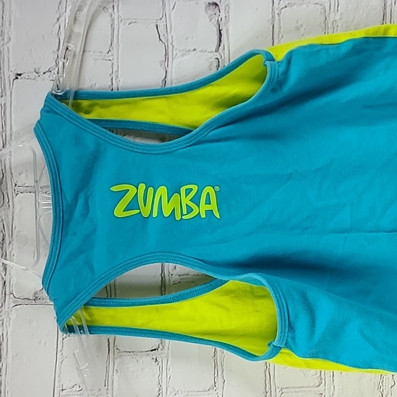 Zumba Racerback Tank Top Colorblock Neon Yellow Fitted Activewear Dance Workout - Picture 3 of 7